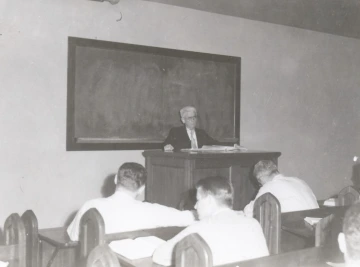 Dean Samuel Fegtly teaching a law school class. 